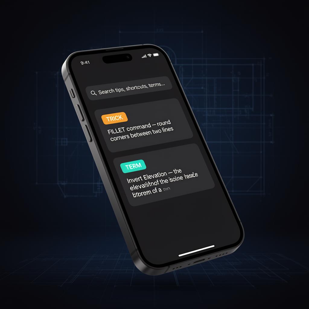 Lucero's Civil Tips iPhone app showing search across civil engineering tricks and terms